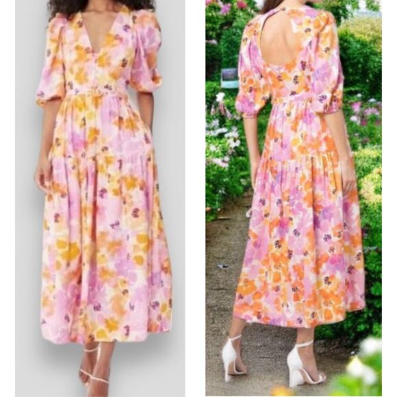 NEW NICHOLAS DRESS FAIRY COTTAGECORE MAXI LINEN FLORAL PUFF SLEEVE CELIE BASSET - Picture 1 of 15